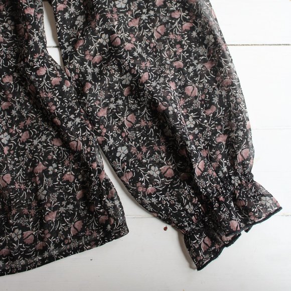Sheer Black and Pink Floral Cold Shoulder Ruffle Top - Picture 5 of 7